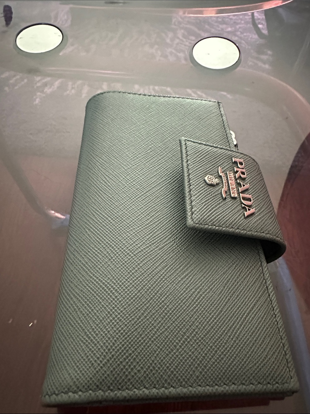Prada Green Saffiano Card Holder Wallet with Logo Snap
